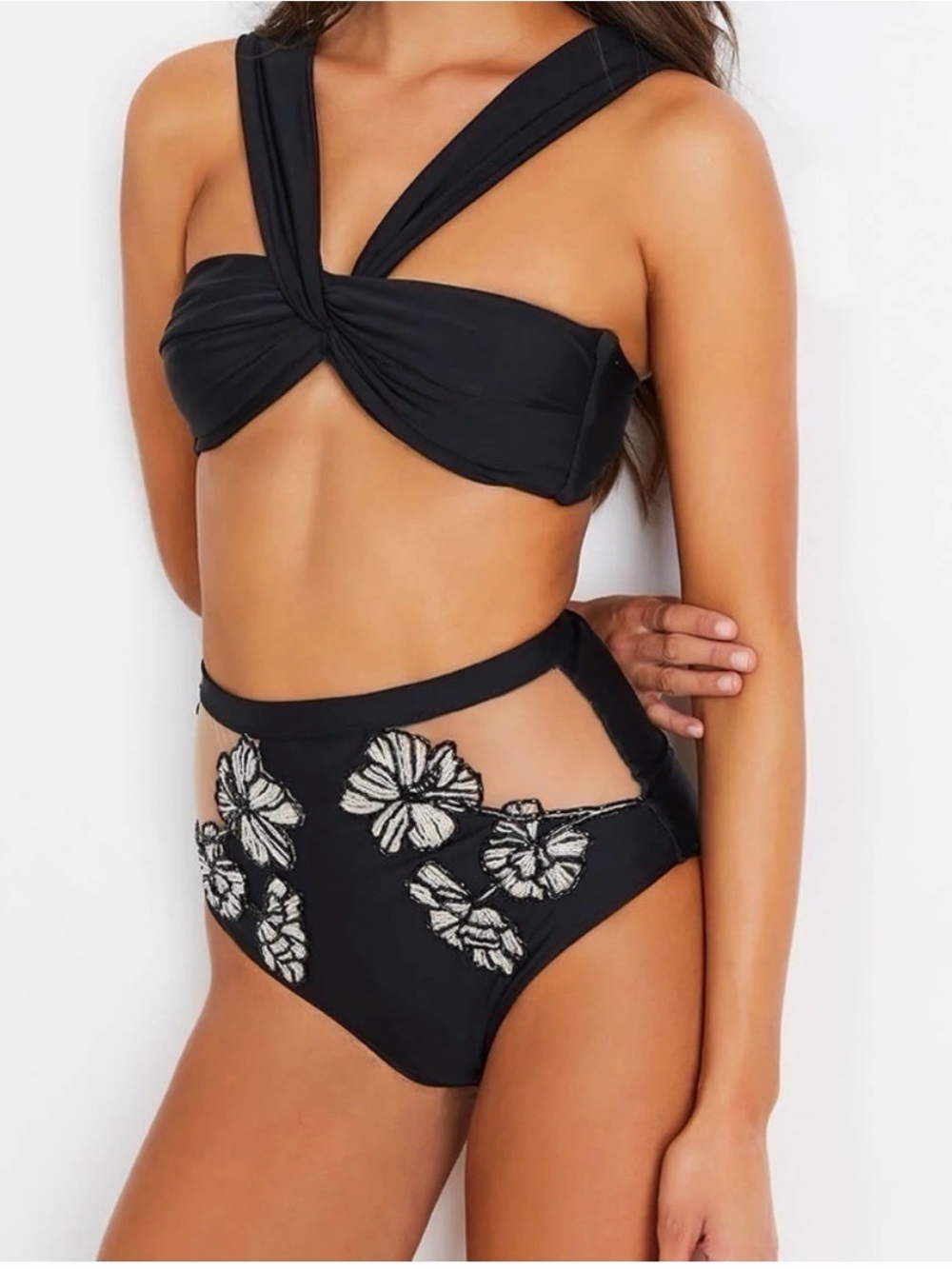 PatBO black High-Waist Floral Embroidered bikini bottom